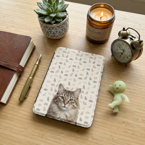 Custom Cat Portrait Kindle Case — Fluffy Tabby with Silhouette Pattern Gift
