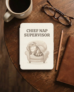 Chief Nap Supervisor Custom Cat Kindle Case — Cozy Armchair Personalized Pet Portrait Gift
