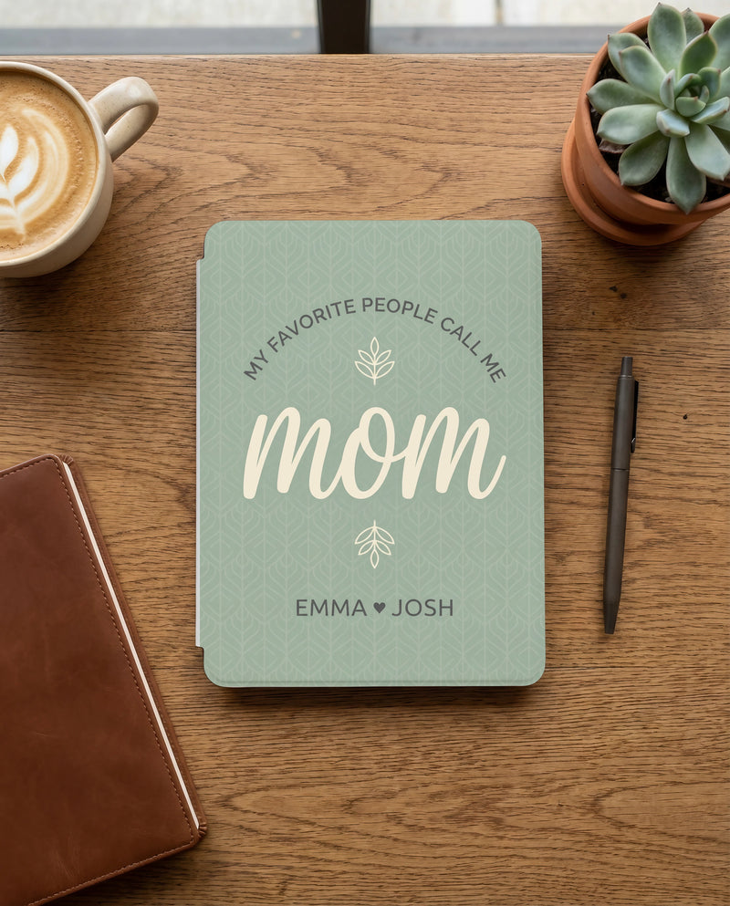 Personalized Mom Kindle Case — Sage Green Minimal with Kids Names Gift