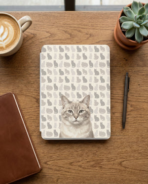 Custom Cat Portrait Kindle Case — Light Tabby with Tonal Silhouette Grid