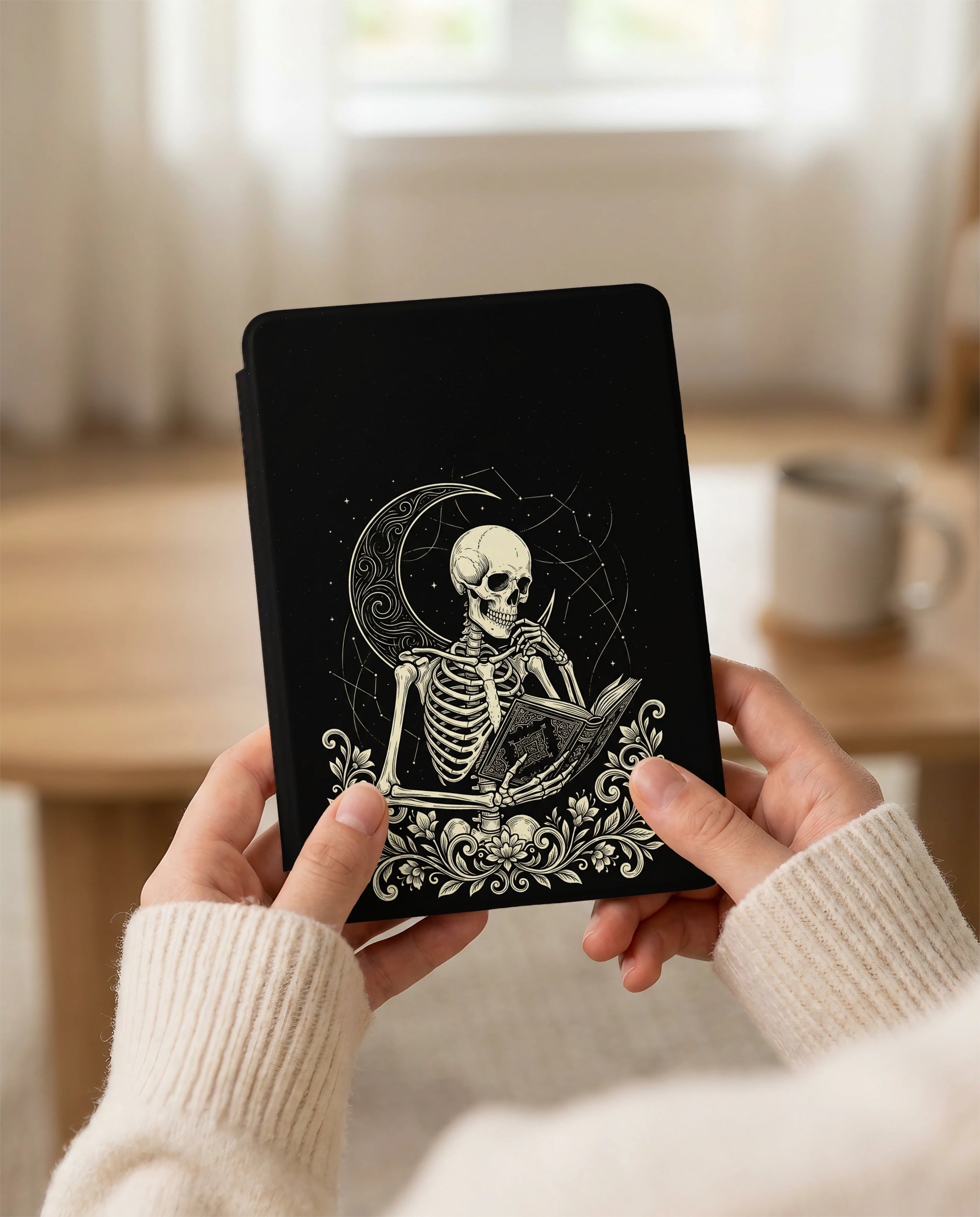 Contemplative Skeleton Kindle Case — Gothic Book Lover Gift