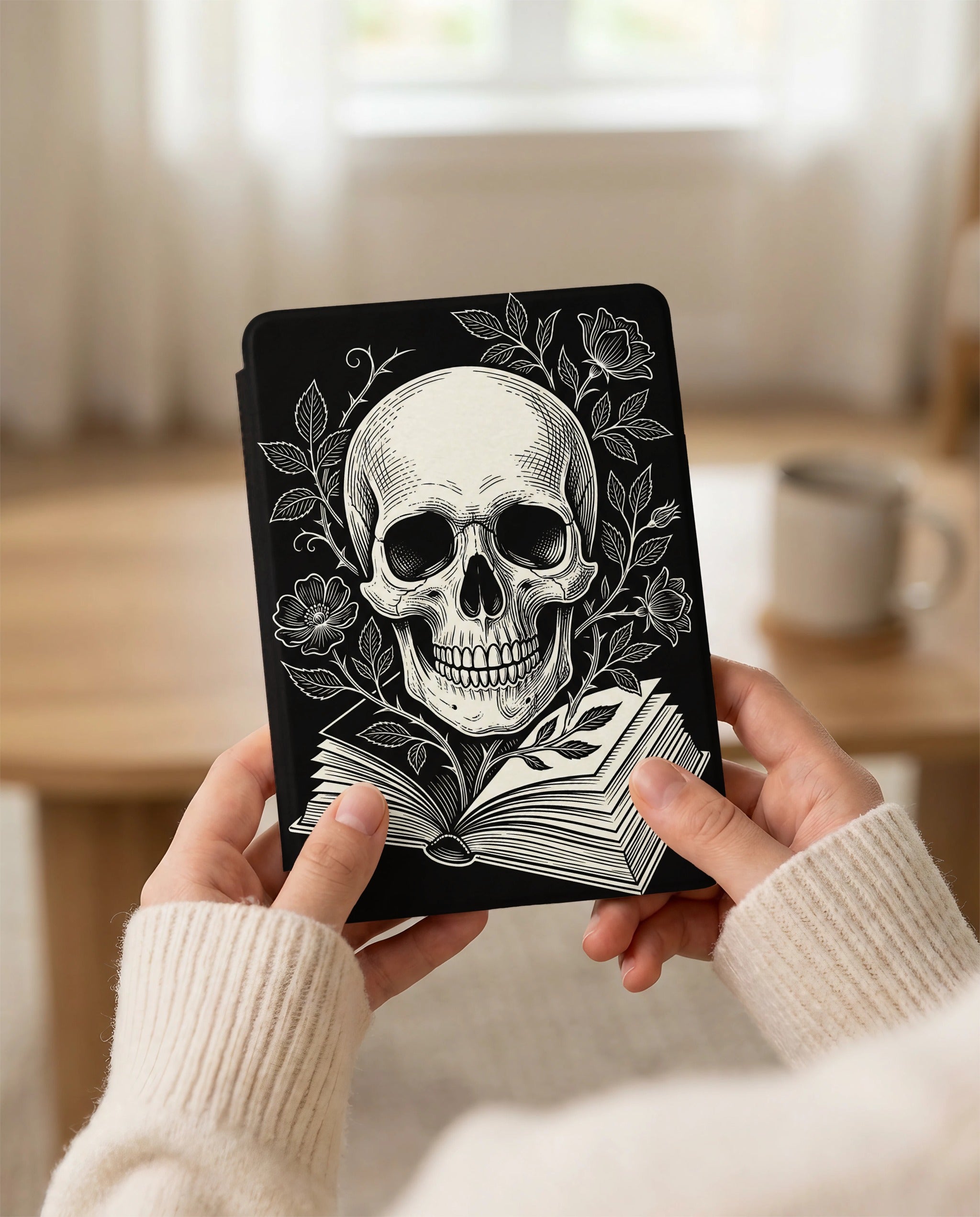 Large Skull on Book Kindle Case — Gothic Book Lover Gift