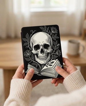 Large Skull on Book Kindle Case — Gothic Book Lover Gift