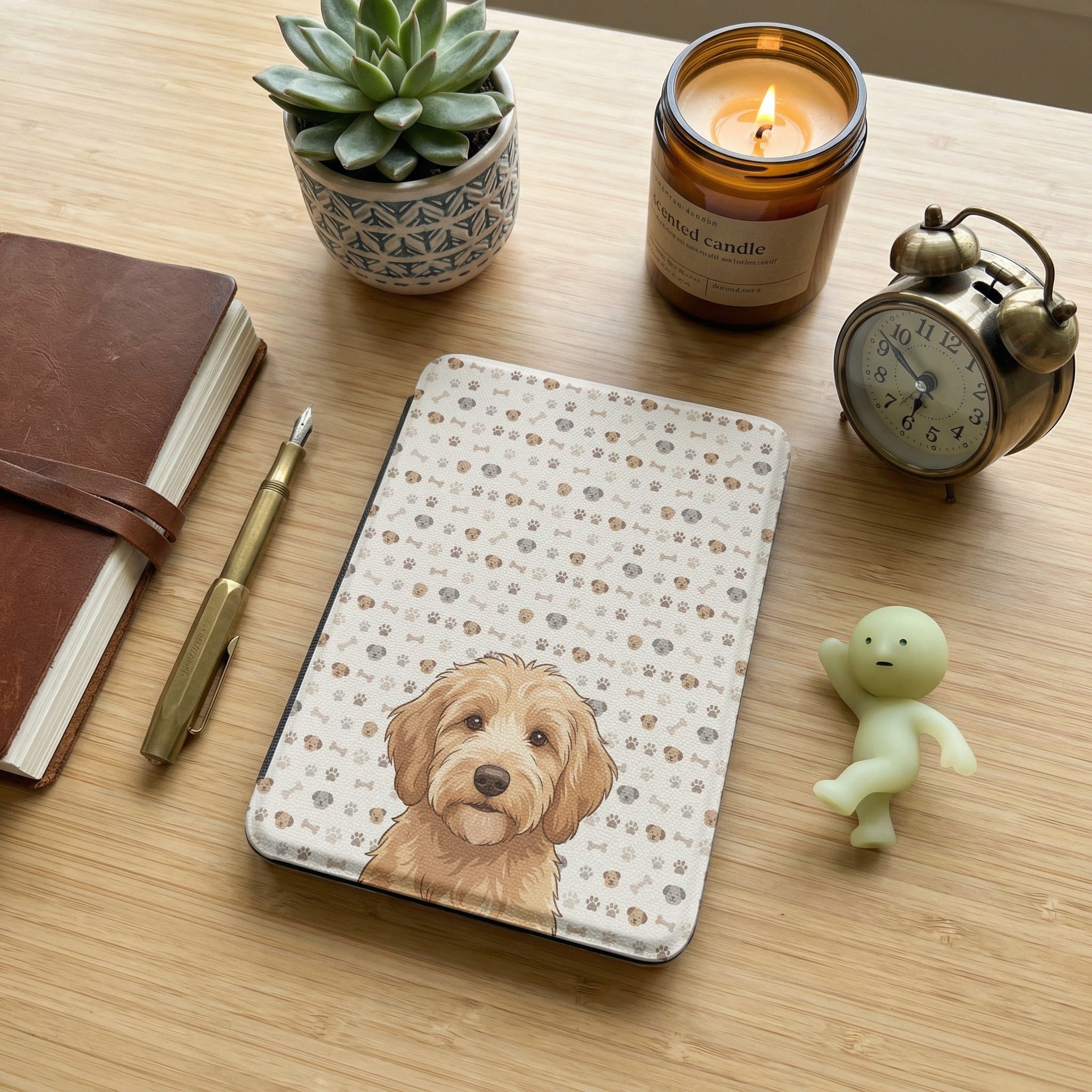 Custom Dog Portrait Kindle Case — Goldendoodle with Paw Print Pattern