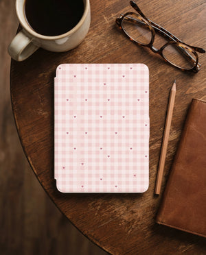 Pink Gingham Heart Kindle Paperwhite Case — Cottagecore Aesthetic Gift