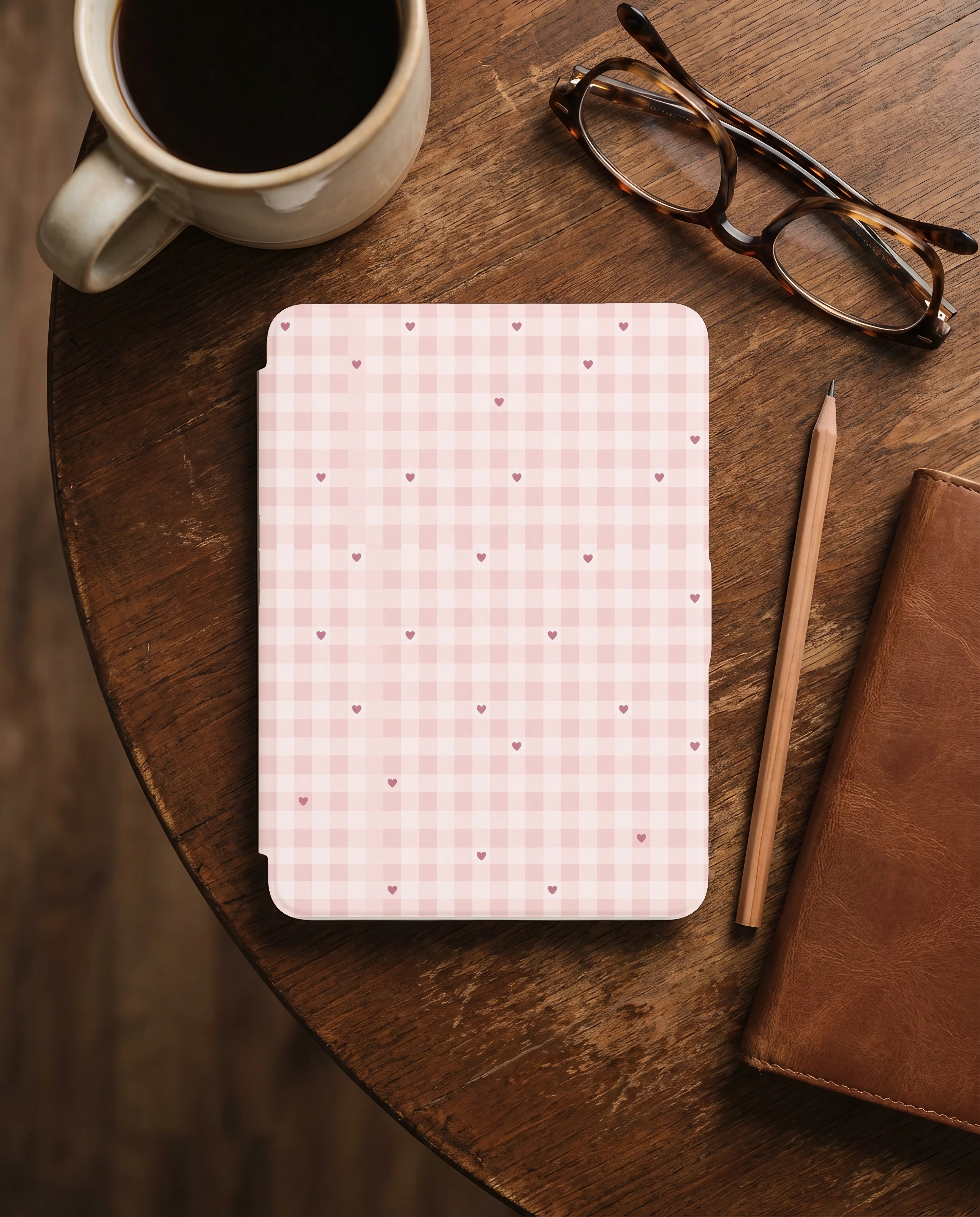 Pink Gingham Heart Kindle Paperwhite Case — Cottagecore Aesthetic Gift