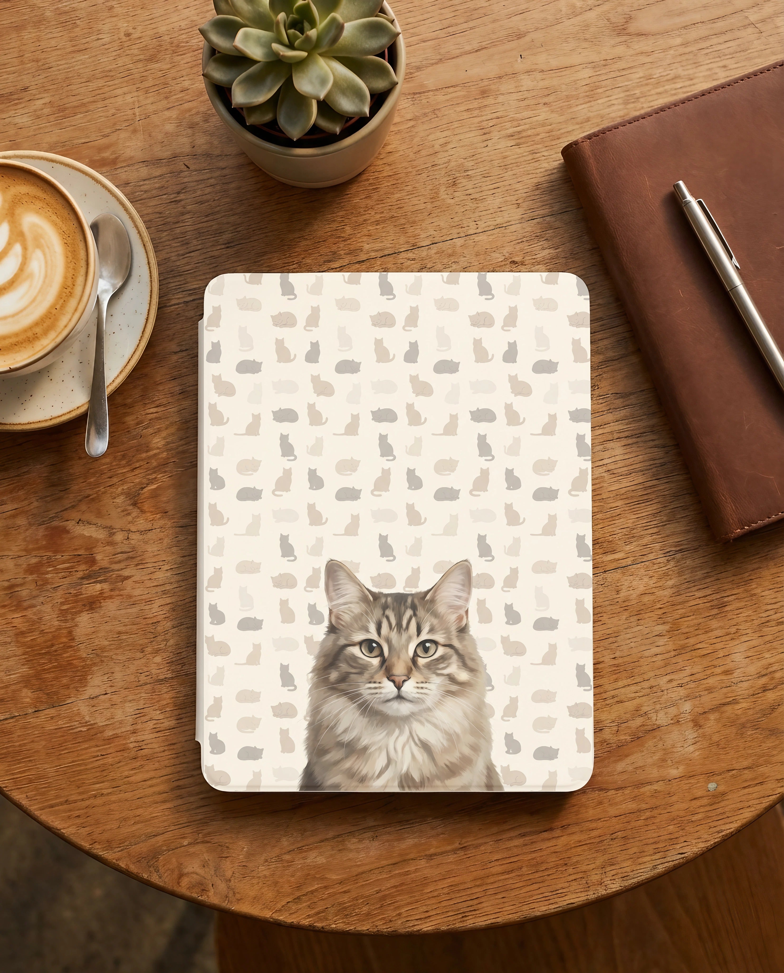 Custom Cat Portrait Kindle Case — Fluffy Tabby with Silhouette Pattern Gift