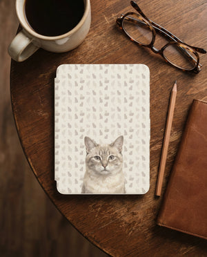 Personalized Cat Portrait Kindle Cover — Cream Shorthair with Grid Pattern