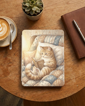 Tabby Cat Reading Kindle Paperwhite Case — Cozy Cat Lover Gift