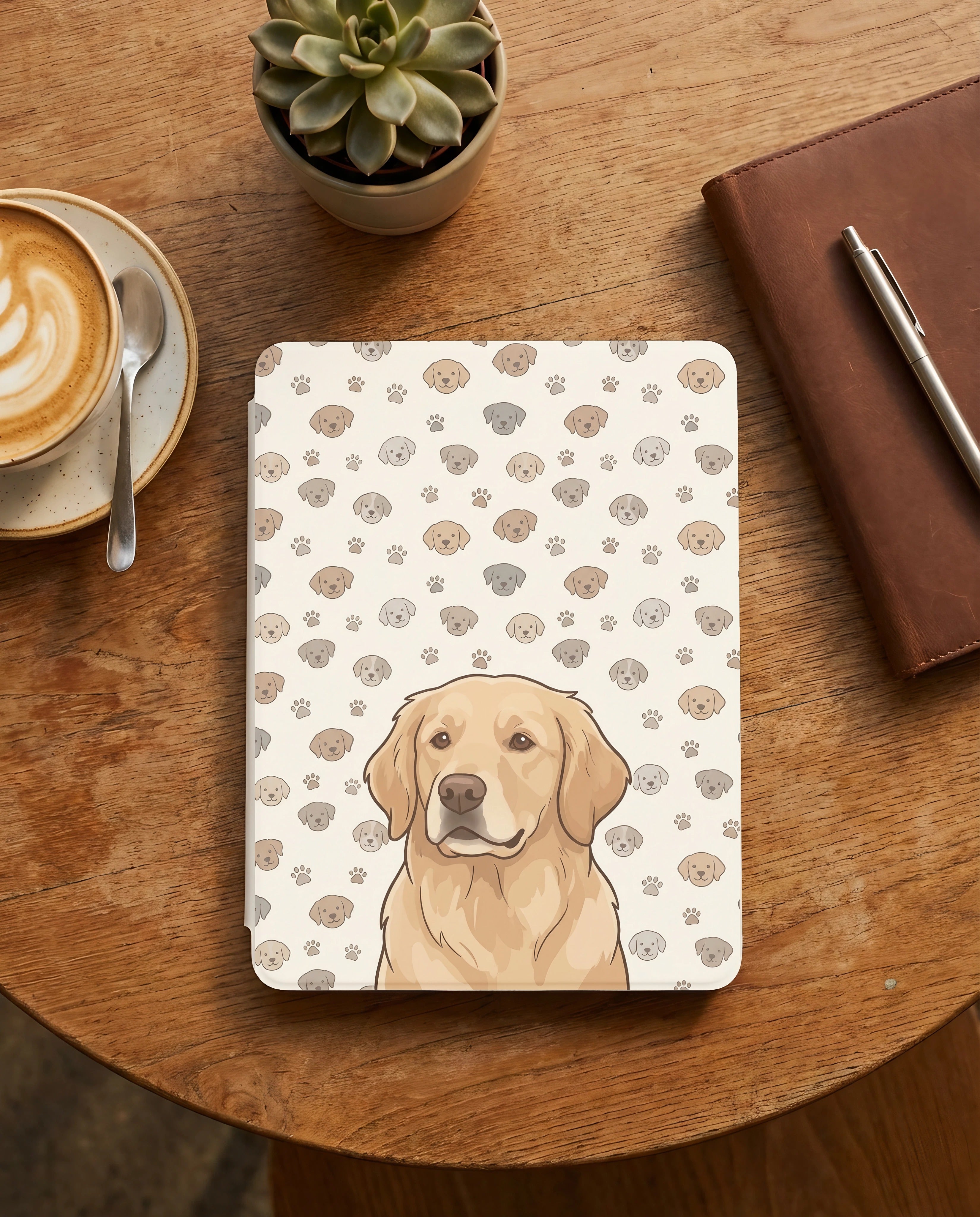 Custom Dog Portrait Kindle Cover — Cartoon Golden with Playful Pattern - 12th Gen Kindle Case