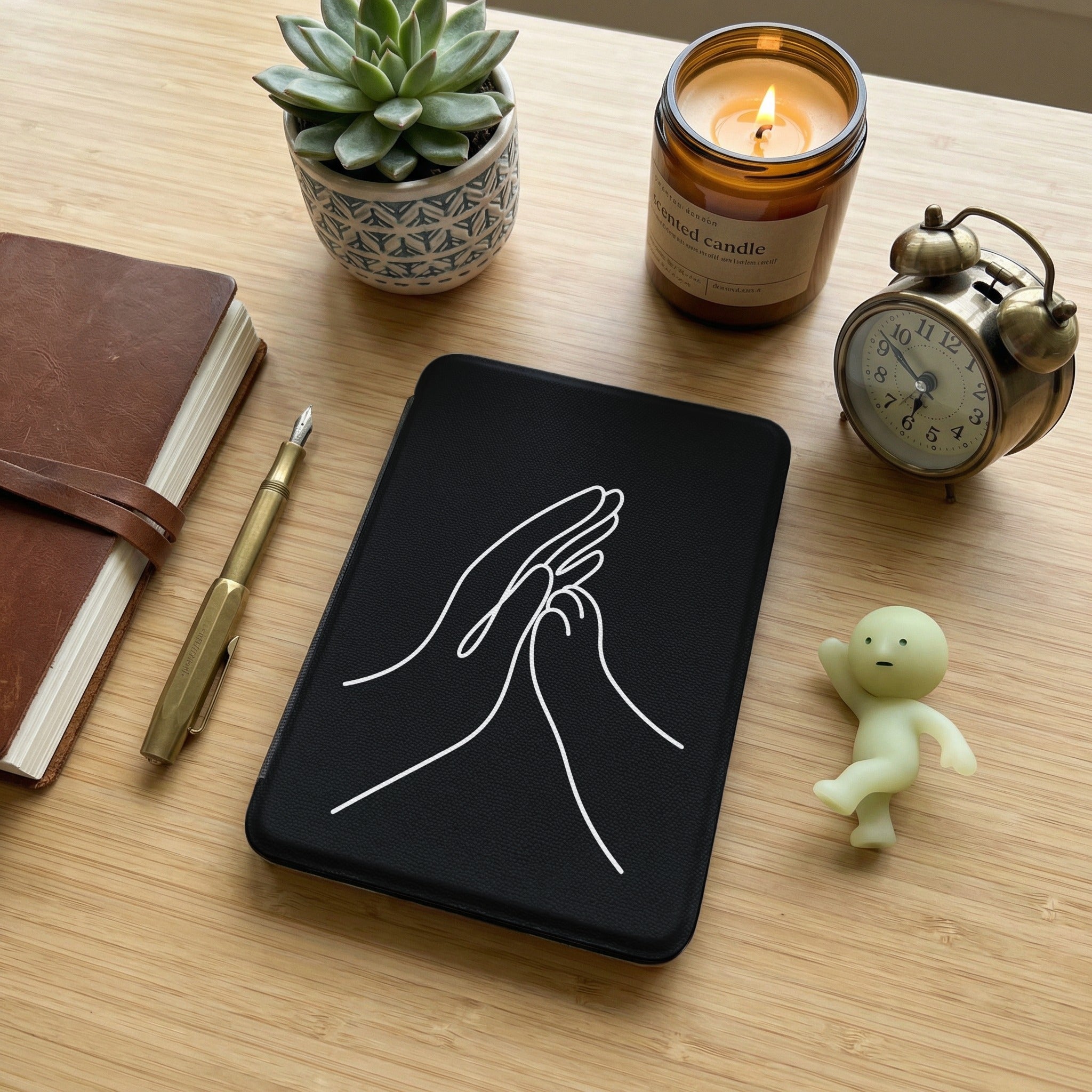 Human Cat Connection Kindle Case — Minimalist Palm to Paw Line Art Gift