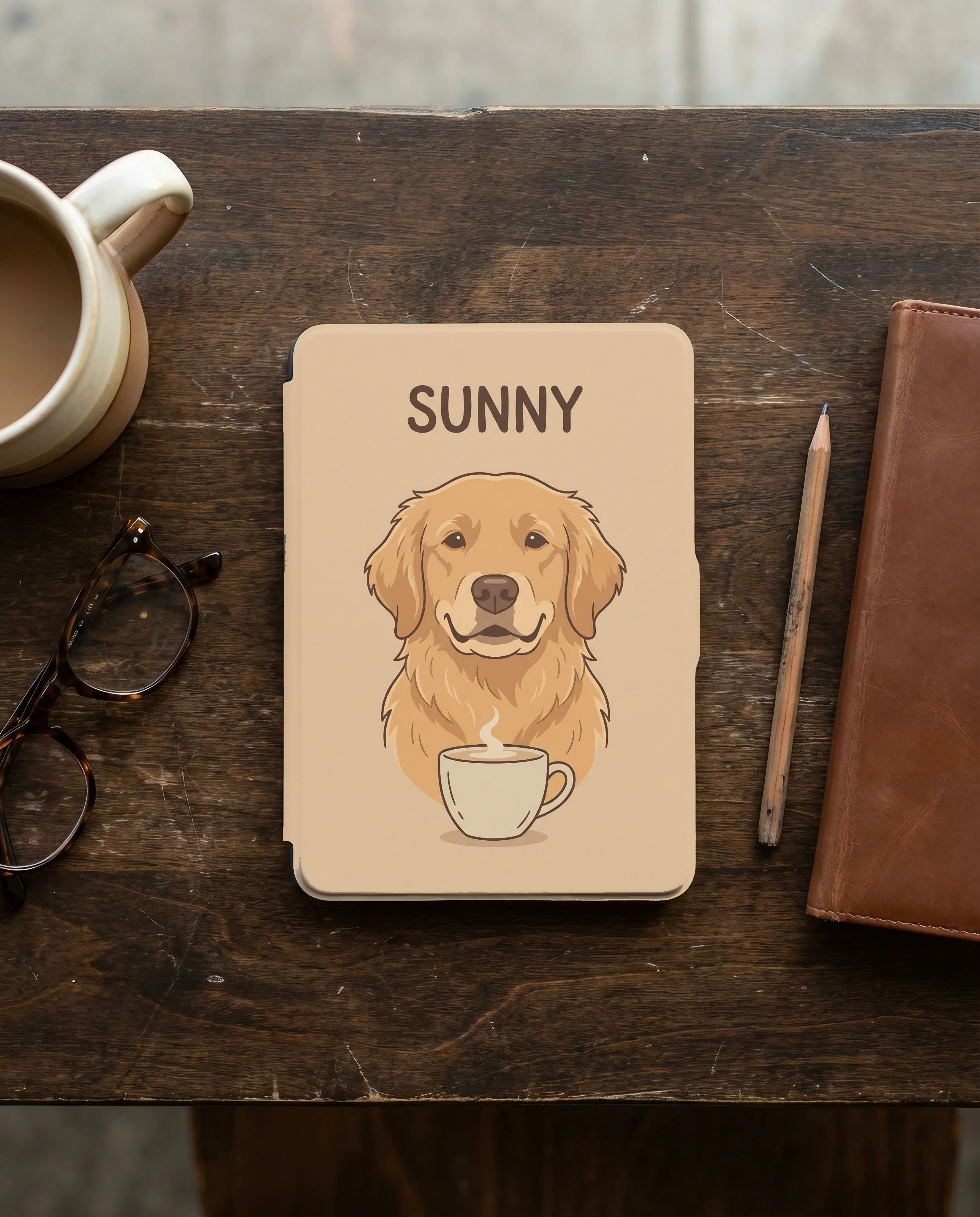 Personalized Pet Portrait Kindle Case — Cozy Café Dog or Cat