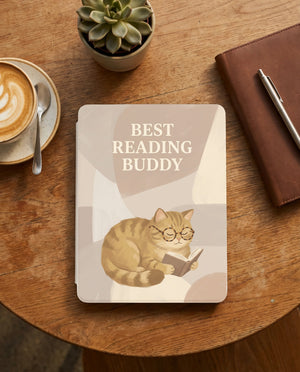 Best Reading Buddy Custom Cat Kindle 12th Gen Case — Cute Cat with Glasses Reading