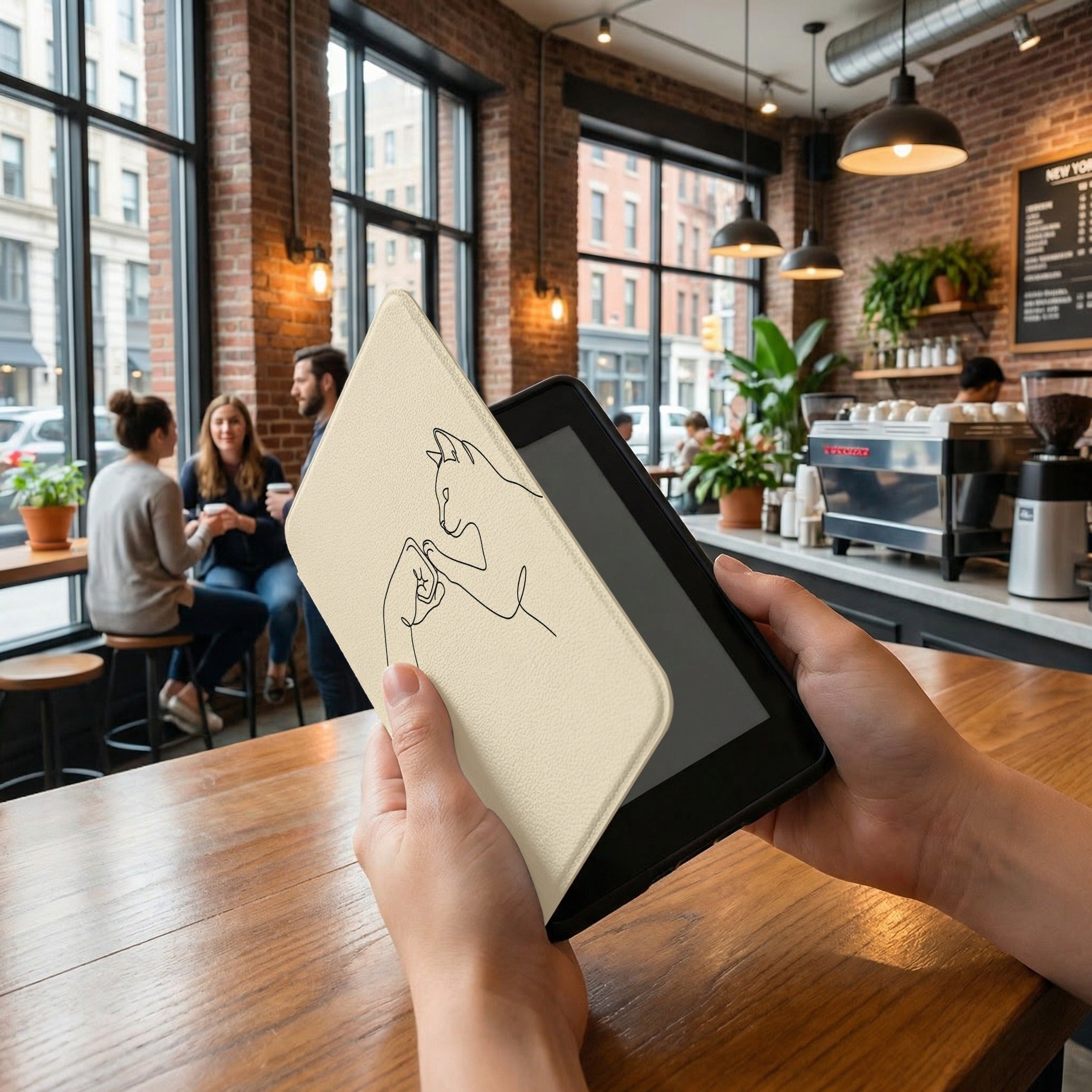 Human Cat Fist Bump Kindle Paperwhite Case — Elegant Line Art Gift