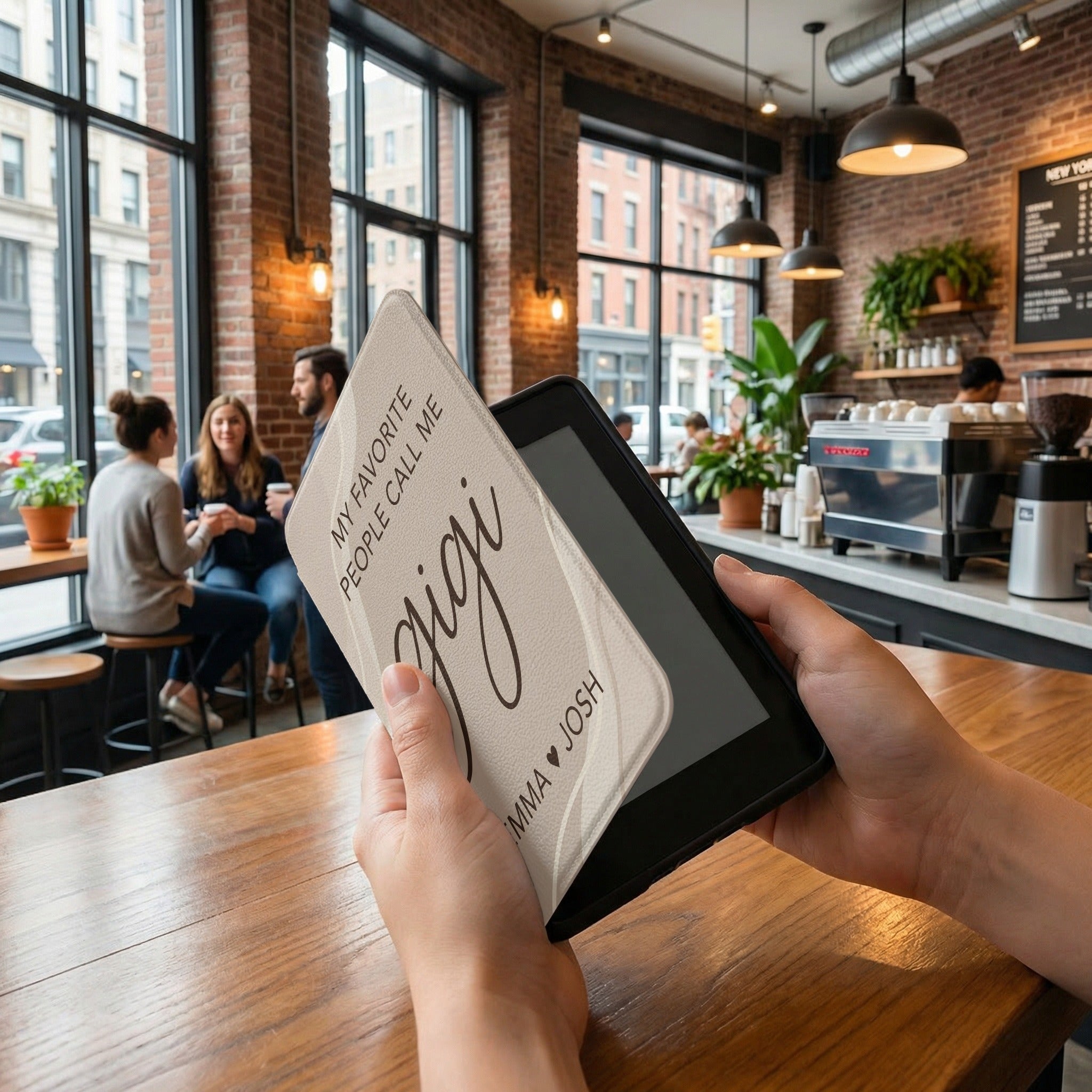 Personalized Gigi Kindle Case — Minimal Beige Design with Grandkids Names Gift