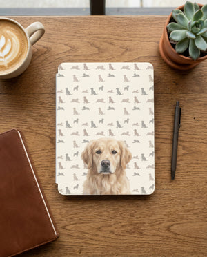 Personalized Dog Portrait Kindle Case — Golden Retriever with Dog Silhouette Pattern