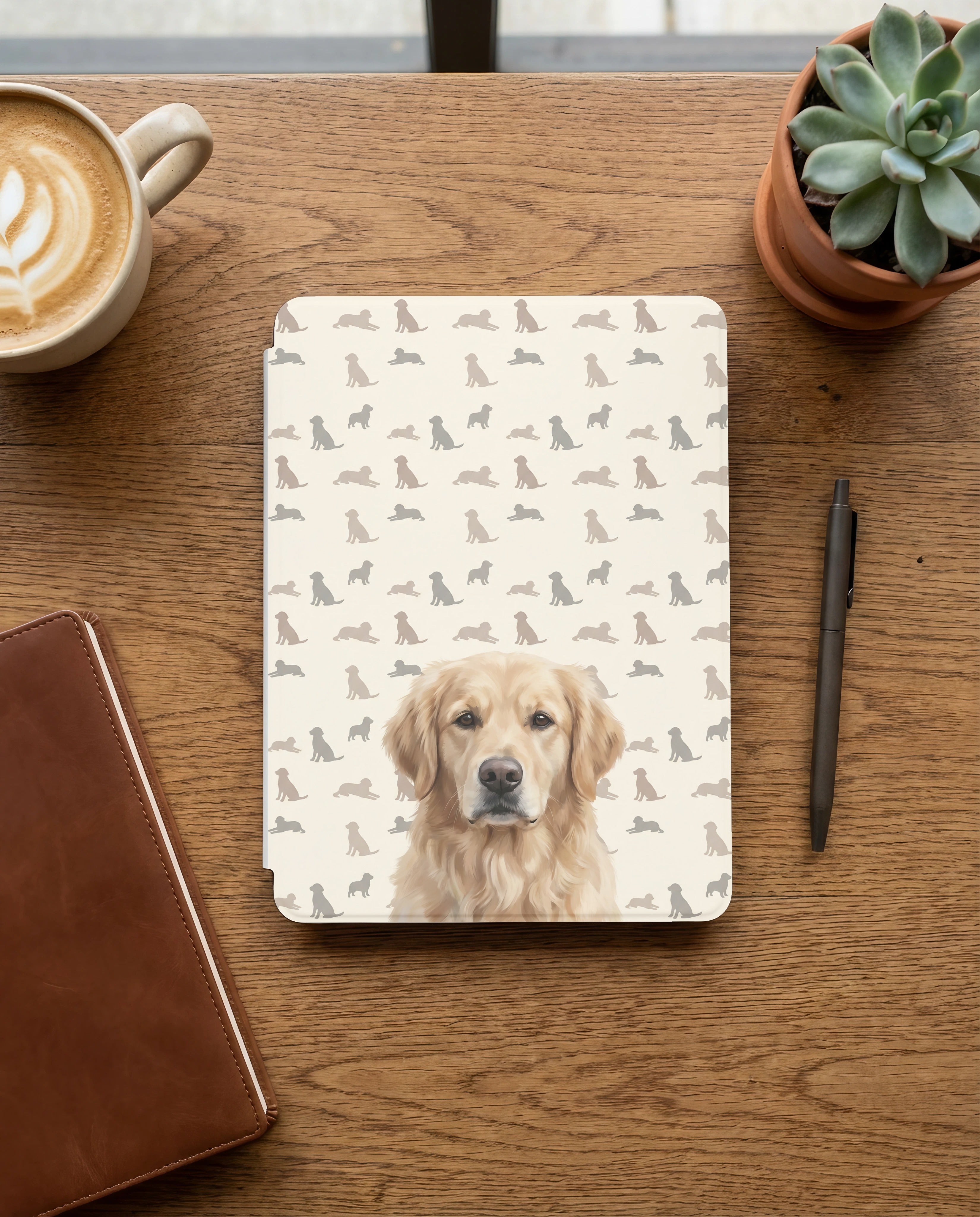 Personalized Dog Portrait Kindle Case — Golden Retriever with Dog Silhouette Pattern