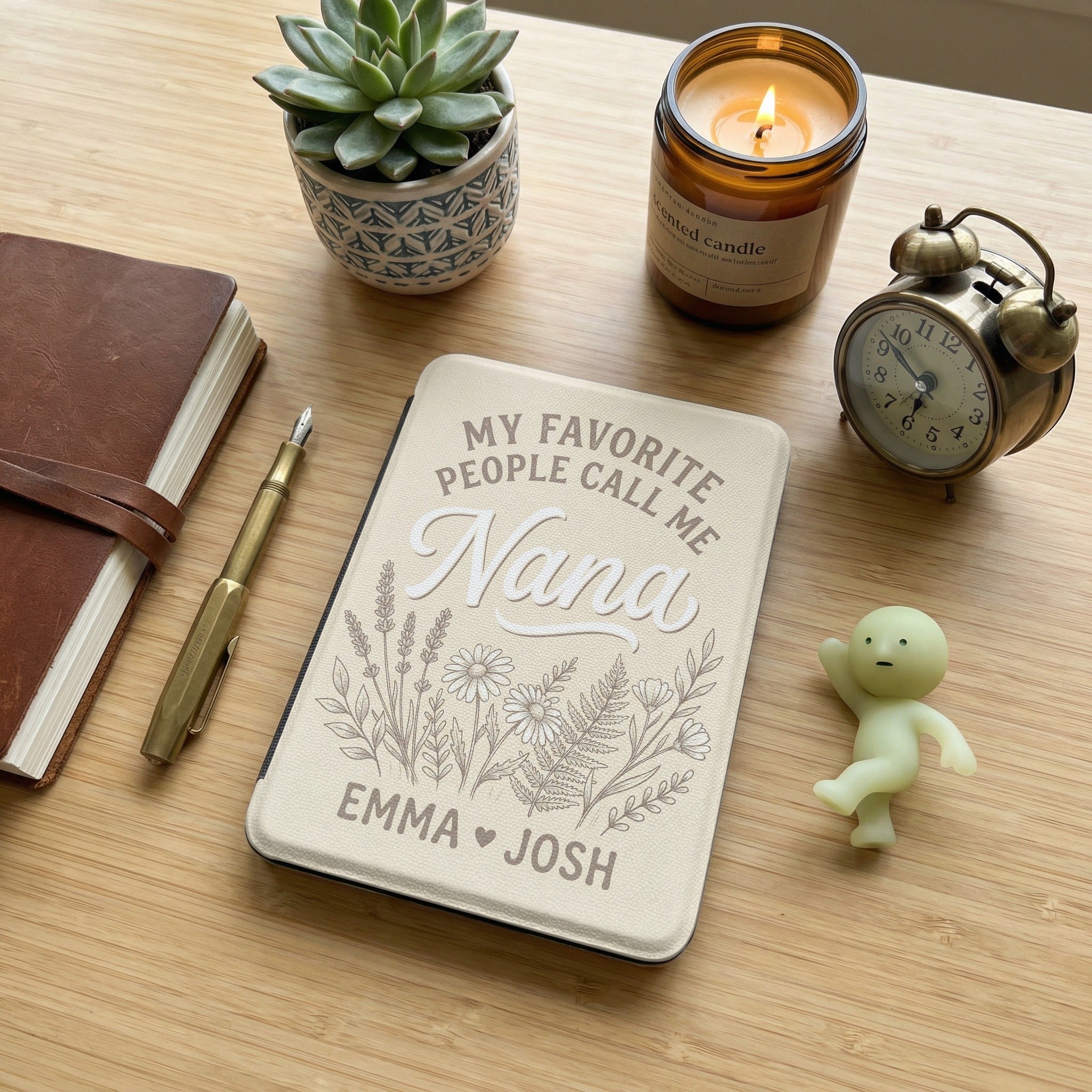 Personalized Nana Kindle Case — Cream Floral Design with Grandkids Names Gift