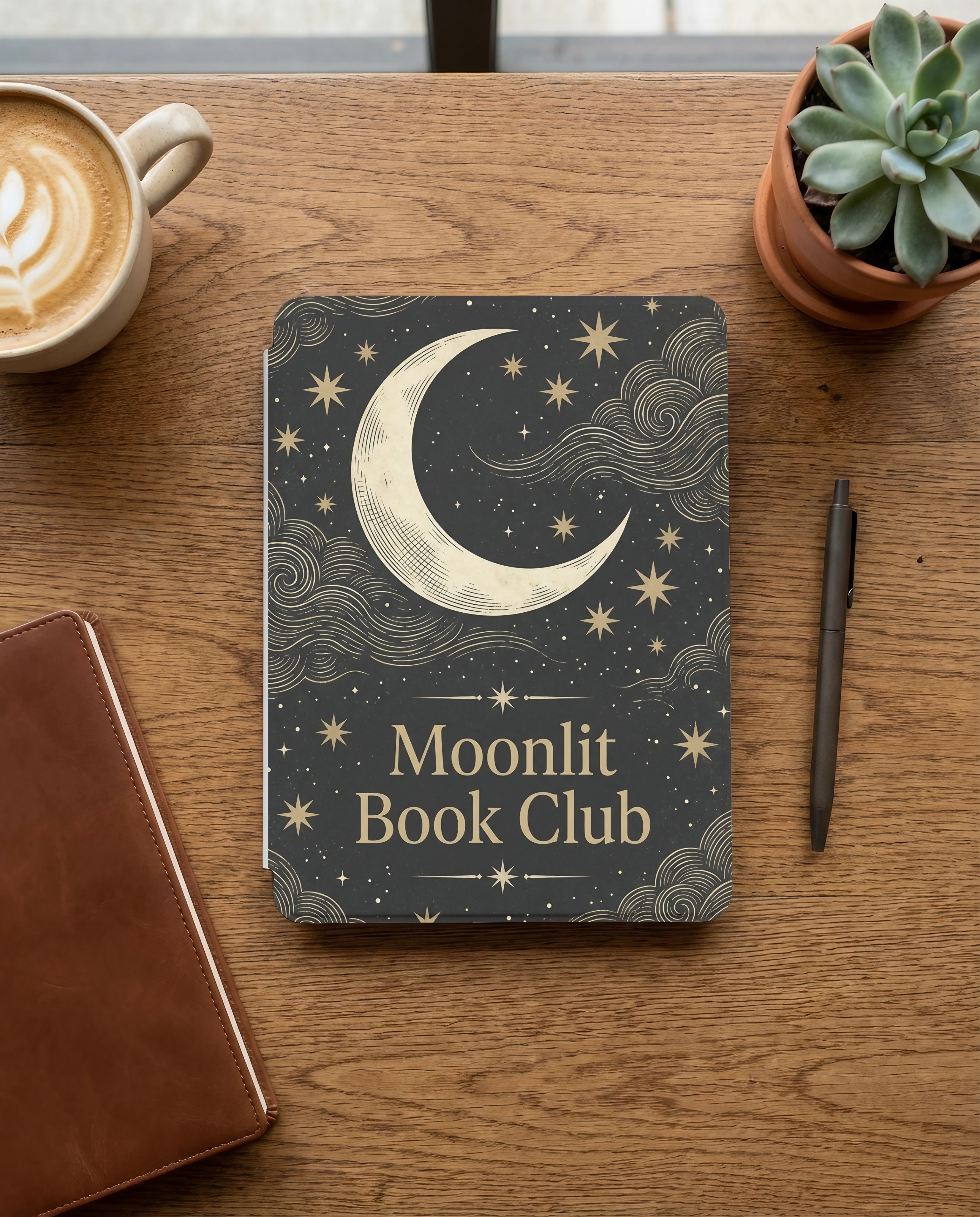 Moonlit Book Club Kindle Case — Vintage Woodcut Slate Blue
