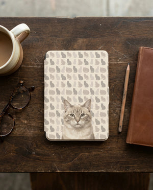 Custom Cat Portrait Kindle Case — Light Tabby with Tonal Silhouette Grid