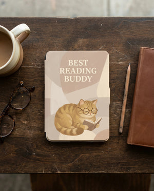 Best Reading Buddy Custom Cat Kindle 12th Gen Case — Cute Cat with Glasses Reading