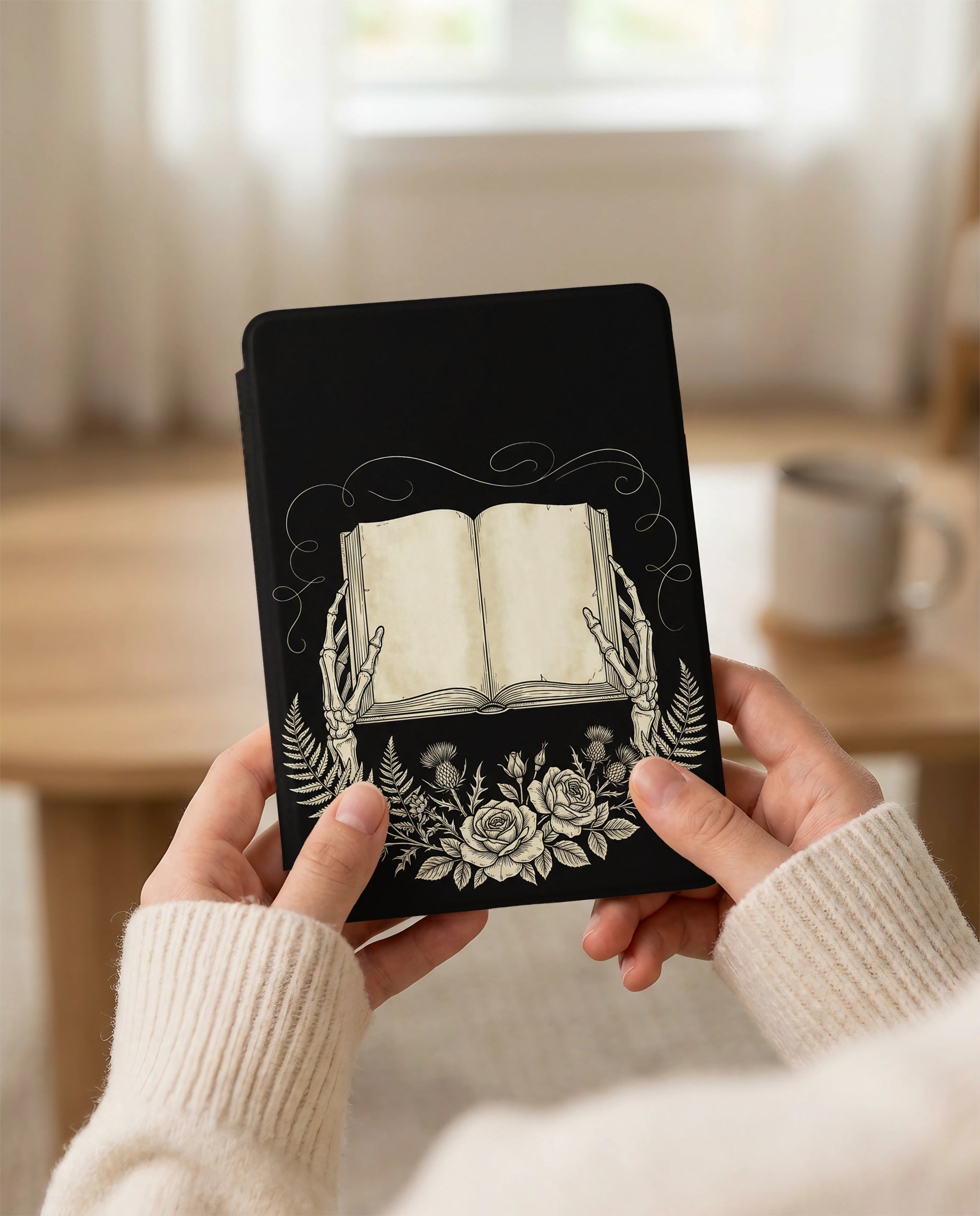 Skeleton Hands Presenting Book Kindle Case — Gothic Book Lover Gift
