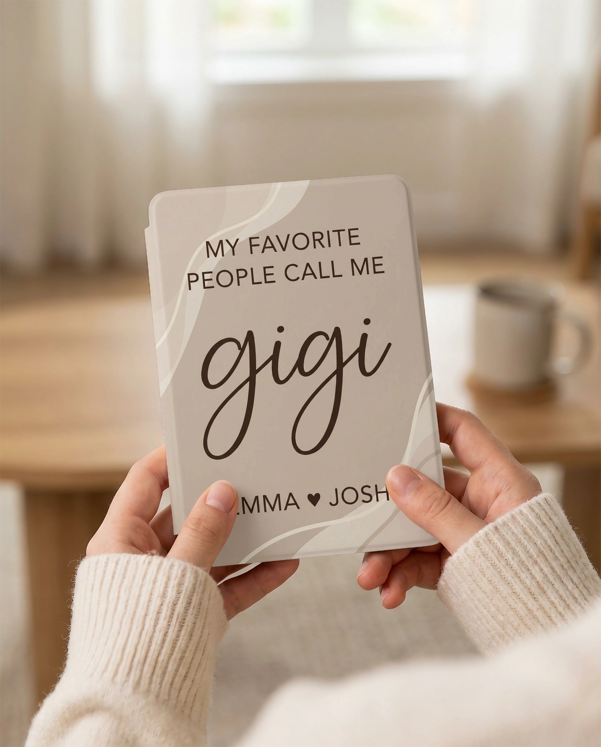 Personalized Gigi Kindle Case — Minimal Beige Design with Grandkids Names Gift
