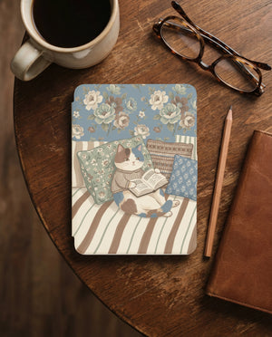 Floral Cat Reading Kindle Case — Cozy Gift for Cat Lovers