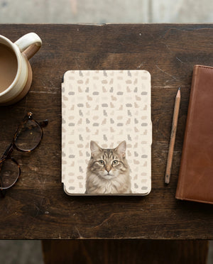 Custom Cat Portrait Kindle Case — Fluffy Tabby with Silhouette Pattern Gift