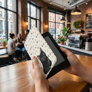 Custom Cat Portrait Kindle Case — Loafing Gray Cat with Yarn Ball Pattern