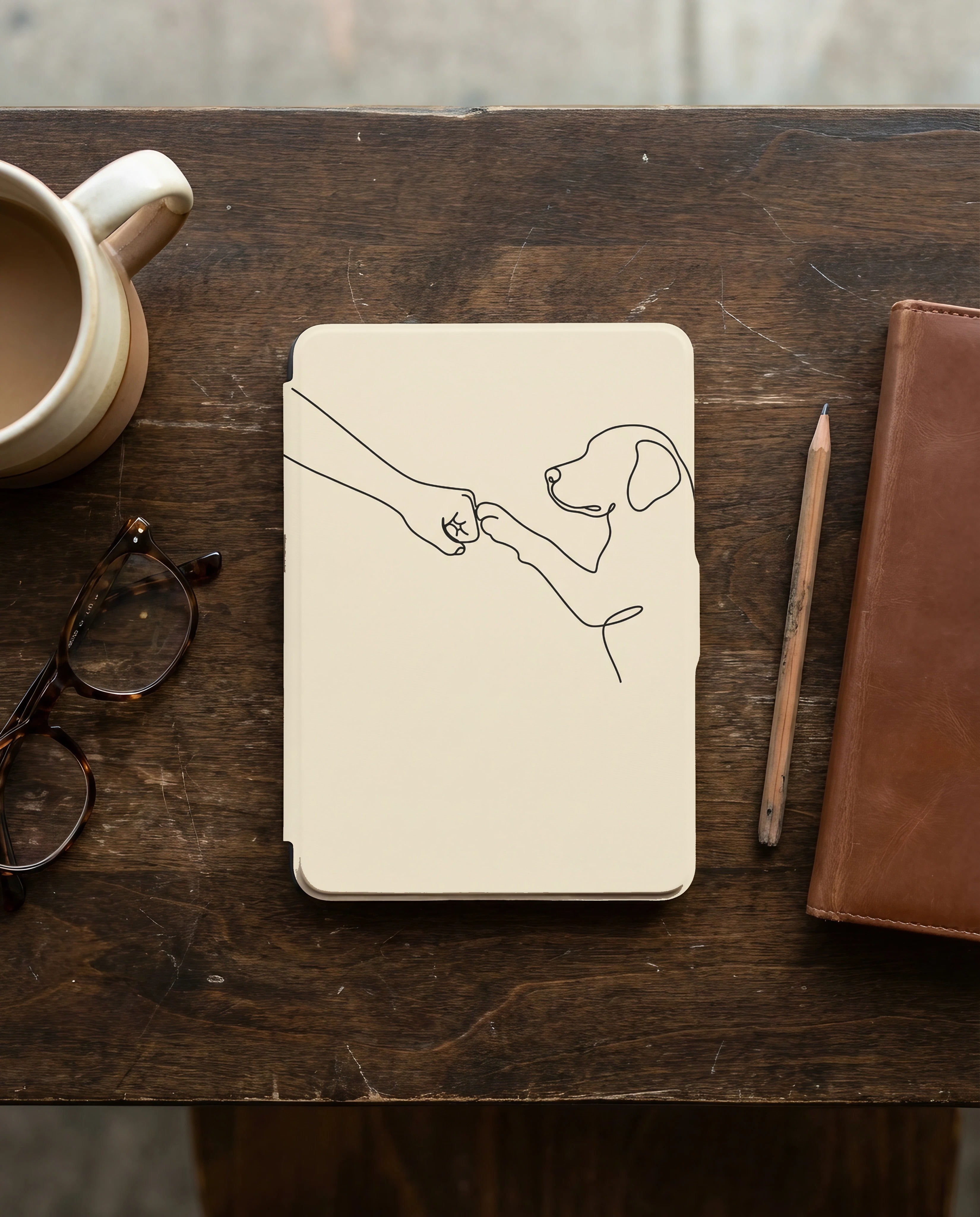 Human Dog Fist Bump Kindle Paperwhite Case — Minimalist Line Art Gift