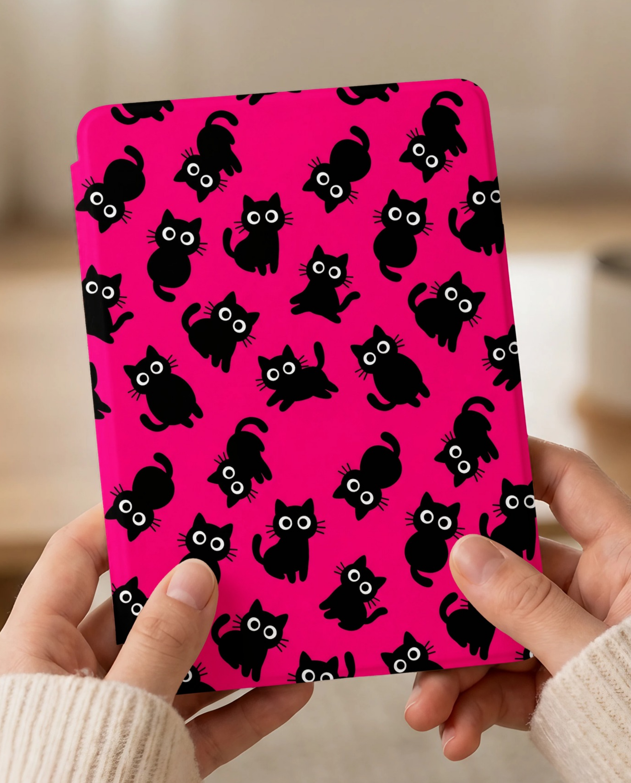 Hot Pink Black Cat Kindle Colorsoft Case — Kawaii Cat Lover Gift