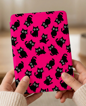 Hot Pink Black Cat Kindle Colorsoft Case — Kawaii Cat Lover Gift