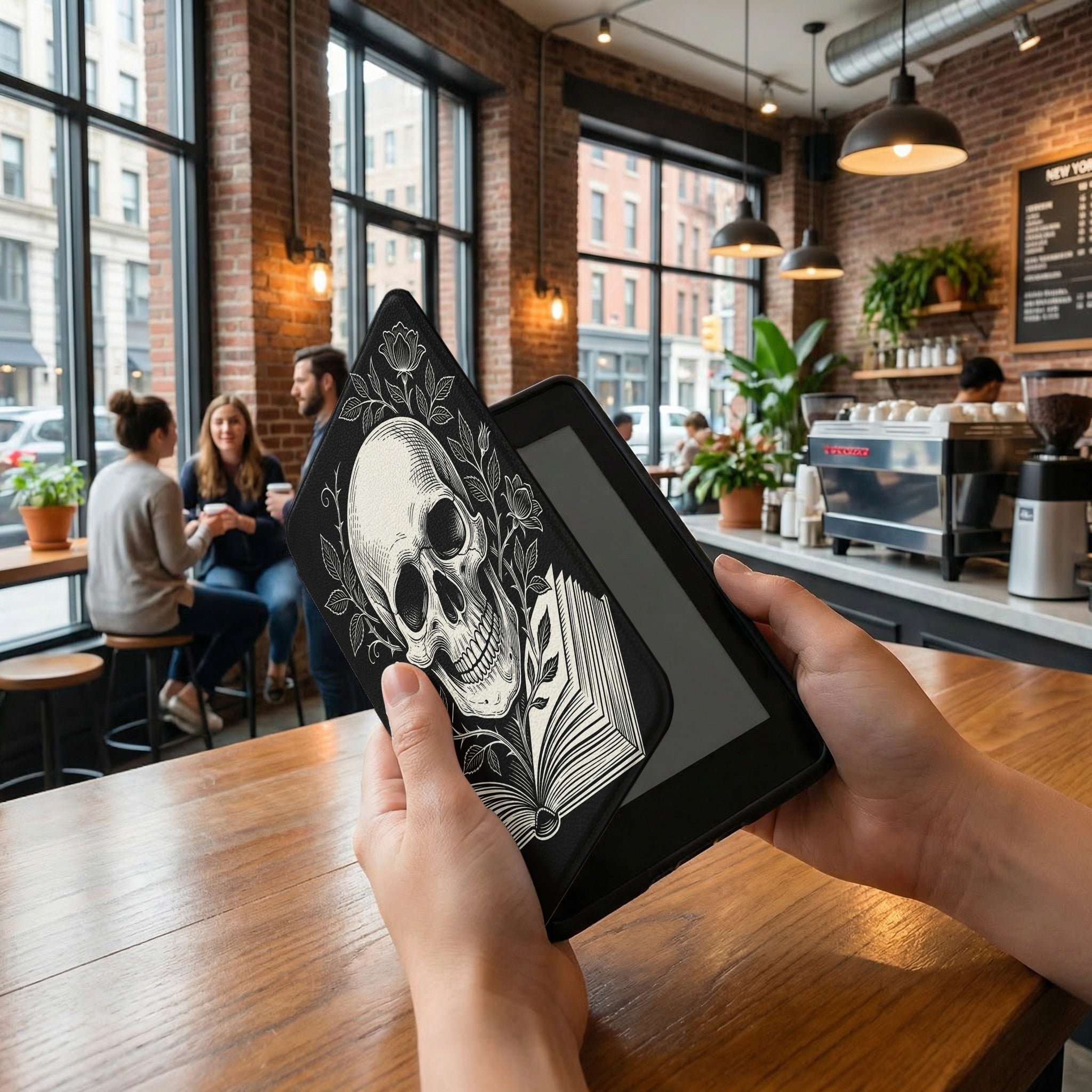 Large Skull on Book Kindle Case — Gothic Book Lover Gift
