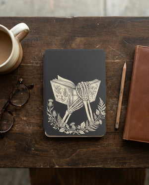 Skeleton Hands Holding Book Kindle Case — Gothic Book Lover Gift