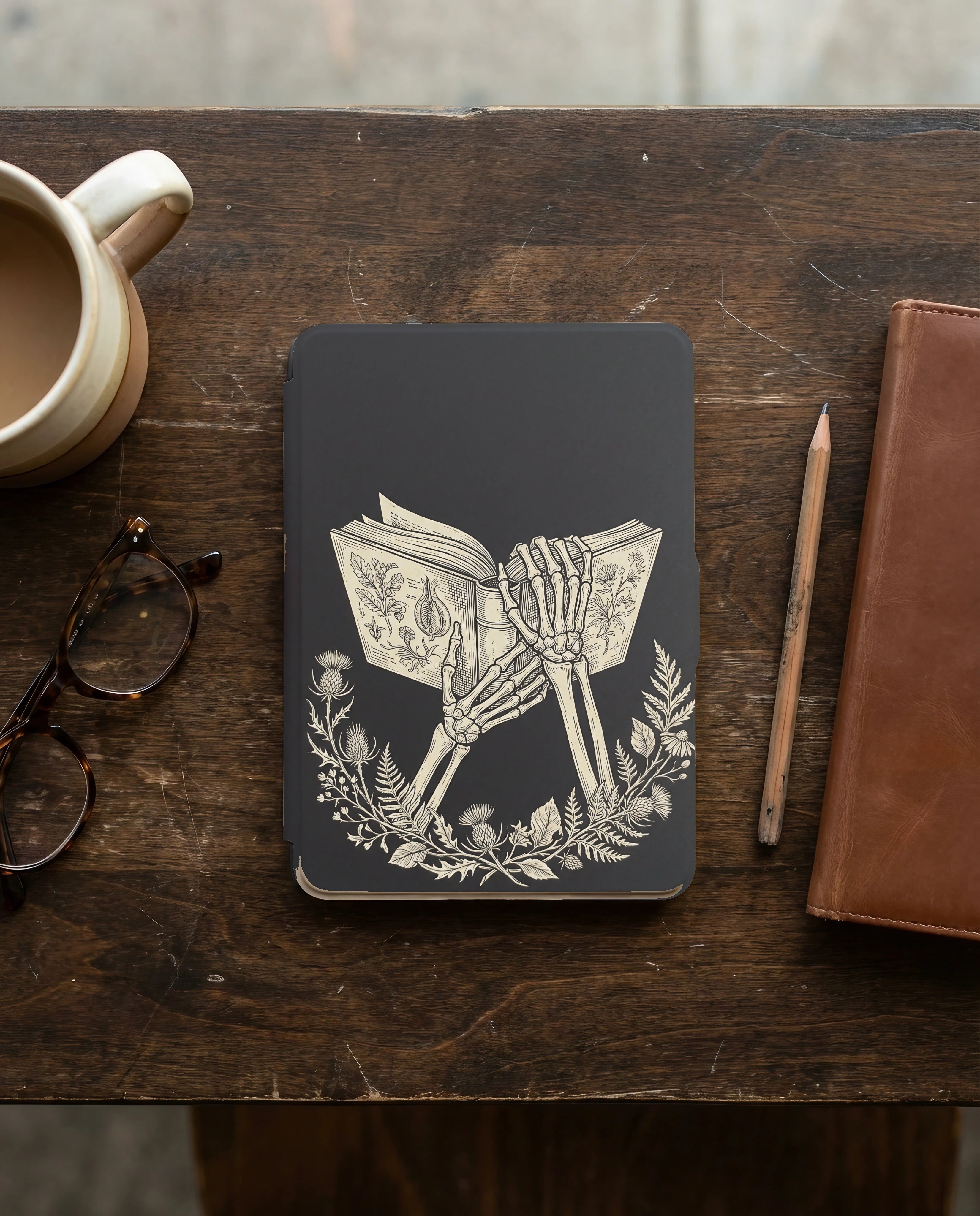 Skeleton Hands Holding Book Kindle Case — Gothic Book Lover Gift