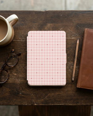 Pink Gingham Hearts Kindle Paperwhite Case — Romantic Cottagecore Gift