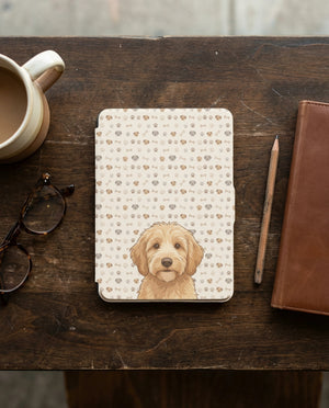 Custom Dog Portrait Kindle Case — Goldendoodle with Paw Print Pattern
