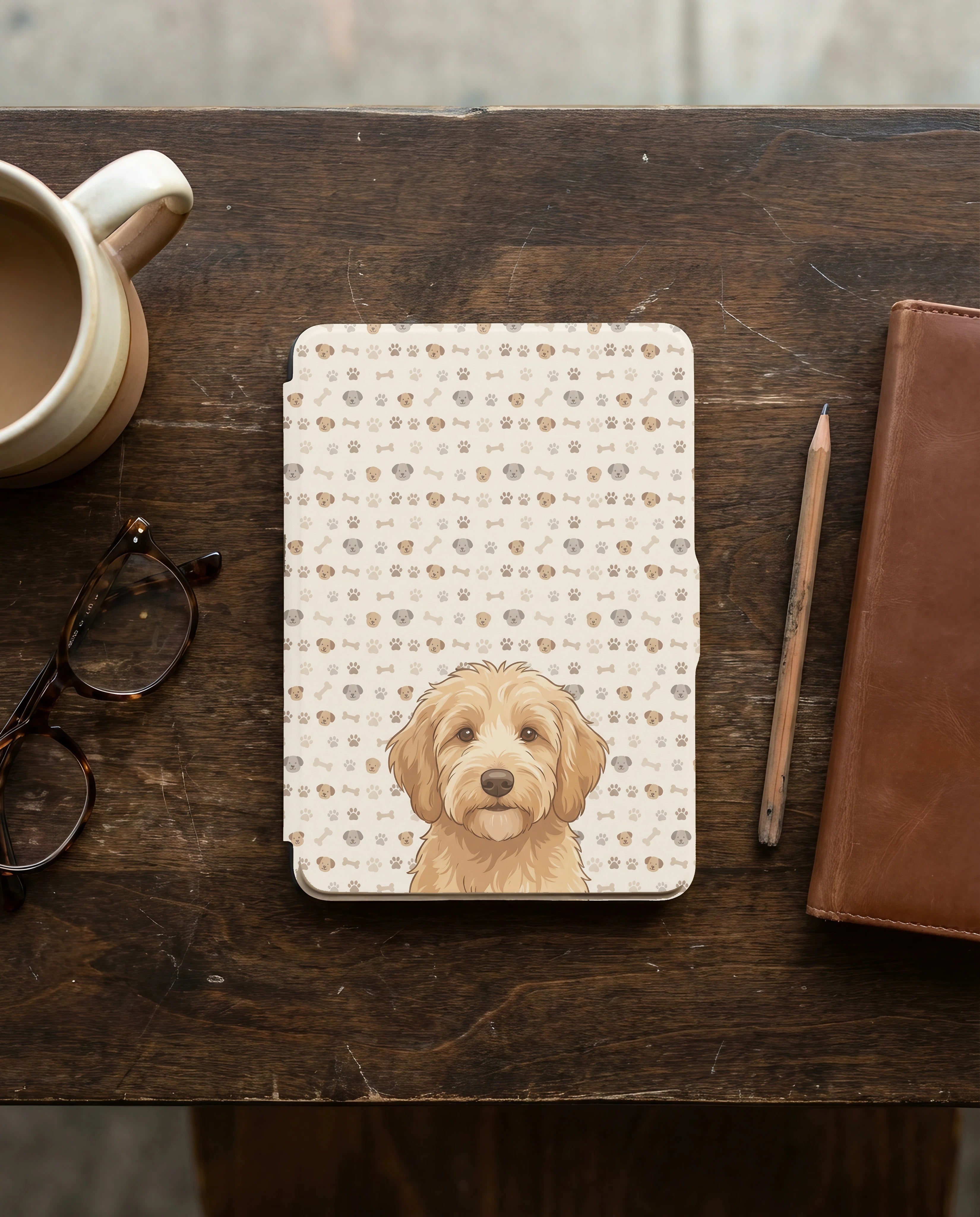 Custom Dog Portrait Kindle Case — Goldendoodle with Paw Print Pattern