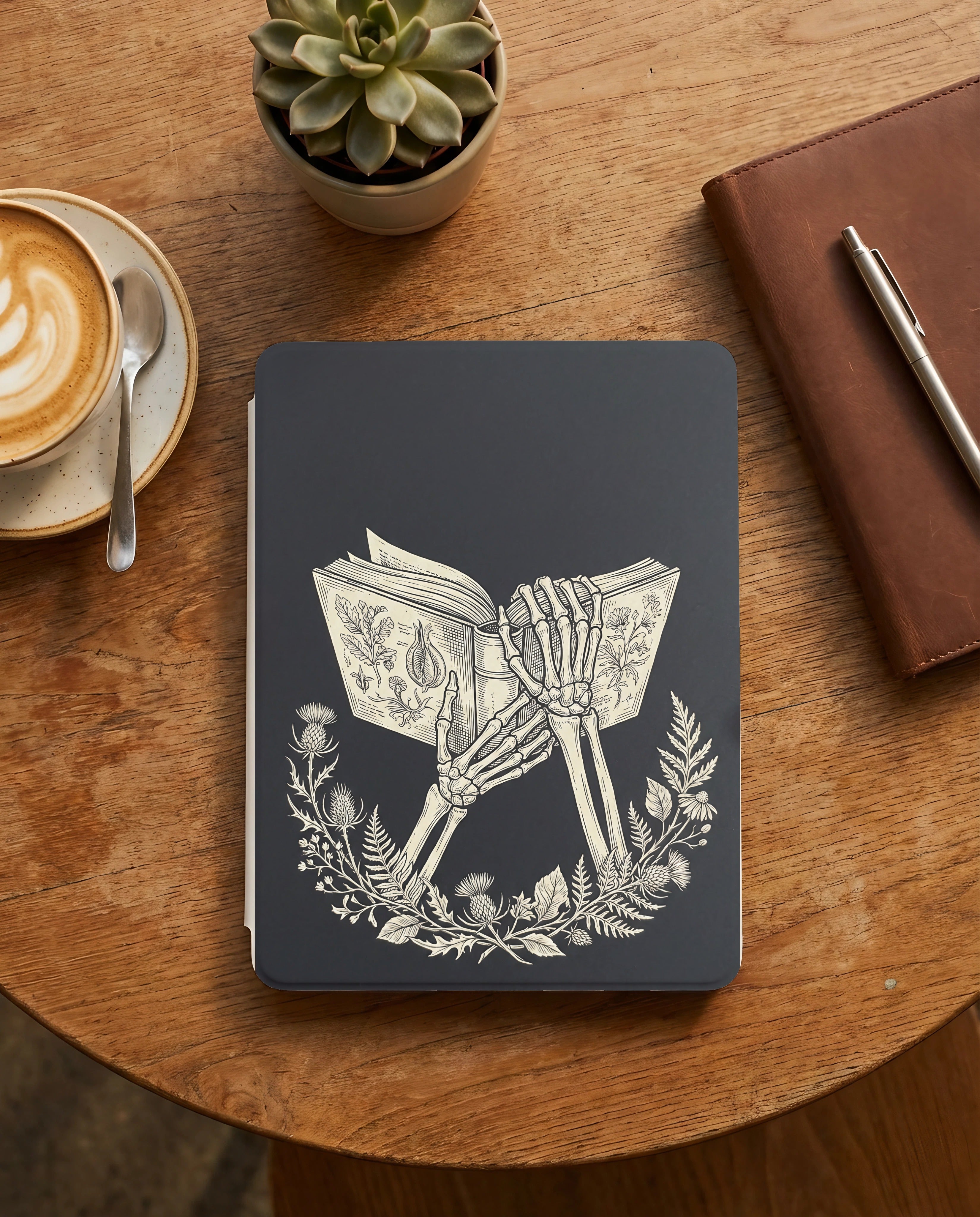 Skeleton Hands Holding Book Kindle Case — Gothic Book Lover Gift