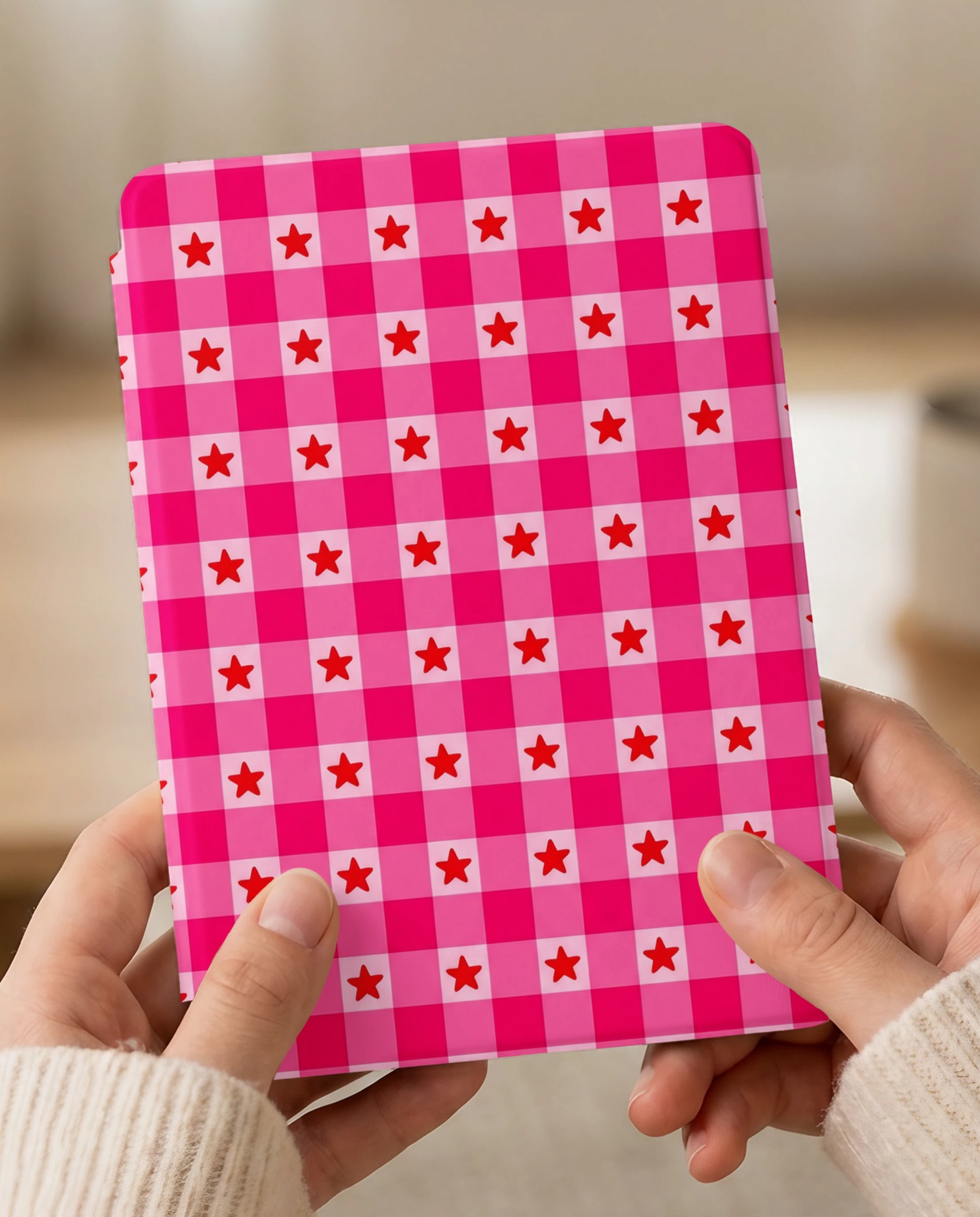 Pink Gingham Star Kindle Paperwhite Case — Preppy Cottagecore Gift
