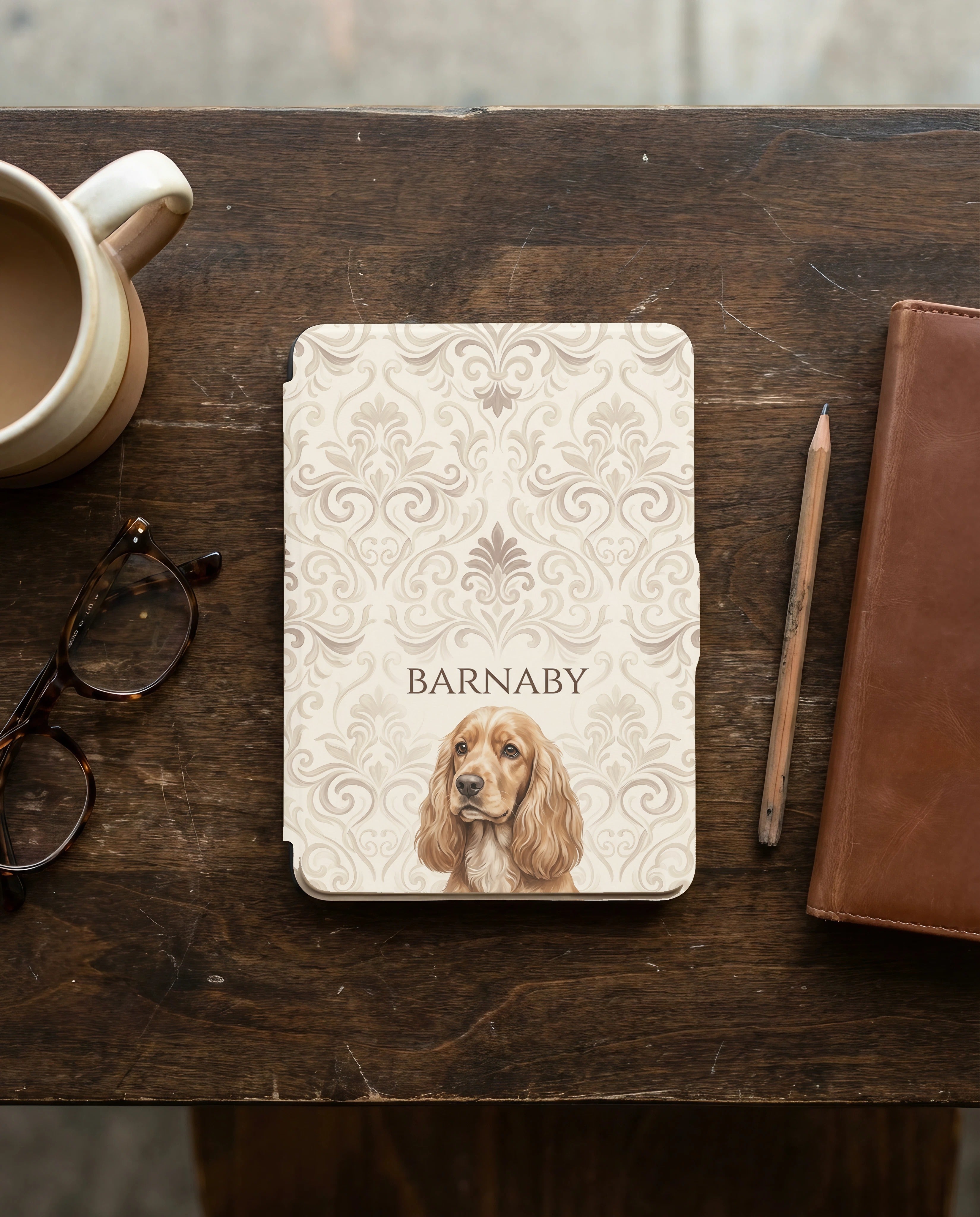 Personalized Pet Portrait Kindle Paperwhite Case — Damask Dog or Cat Gift