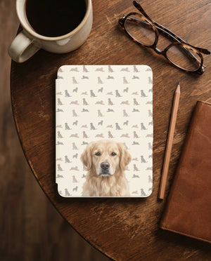 Personalized Dog Portrait Kindle Case — Golden Retriever with Dog Silhouette Pattern