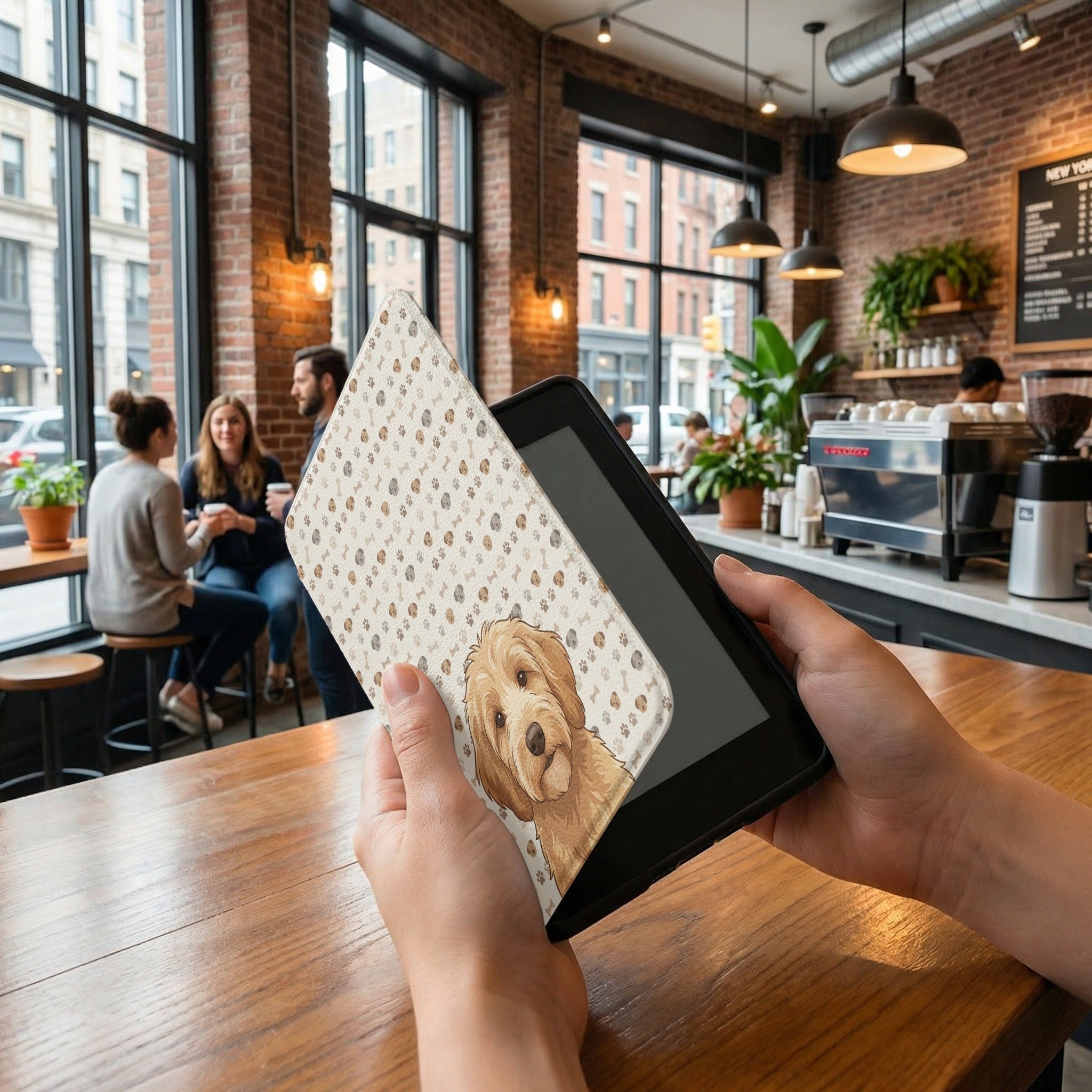Custom Dog Portrait Kindle Case — Goldendoodle with Paw Print Pattern