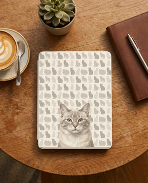 Custom Cat Portrait Kindle Case — Light Tabby with Tonal Silhouette Grid