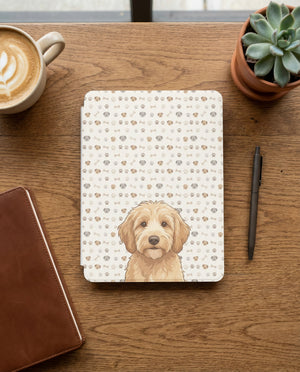 Custom Dog Portrait Kindle Case — Goldendoodle with Paw Print Pattern