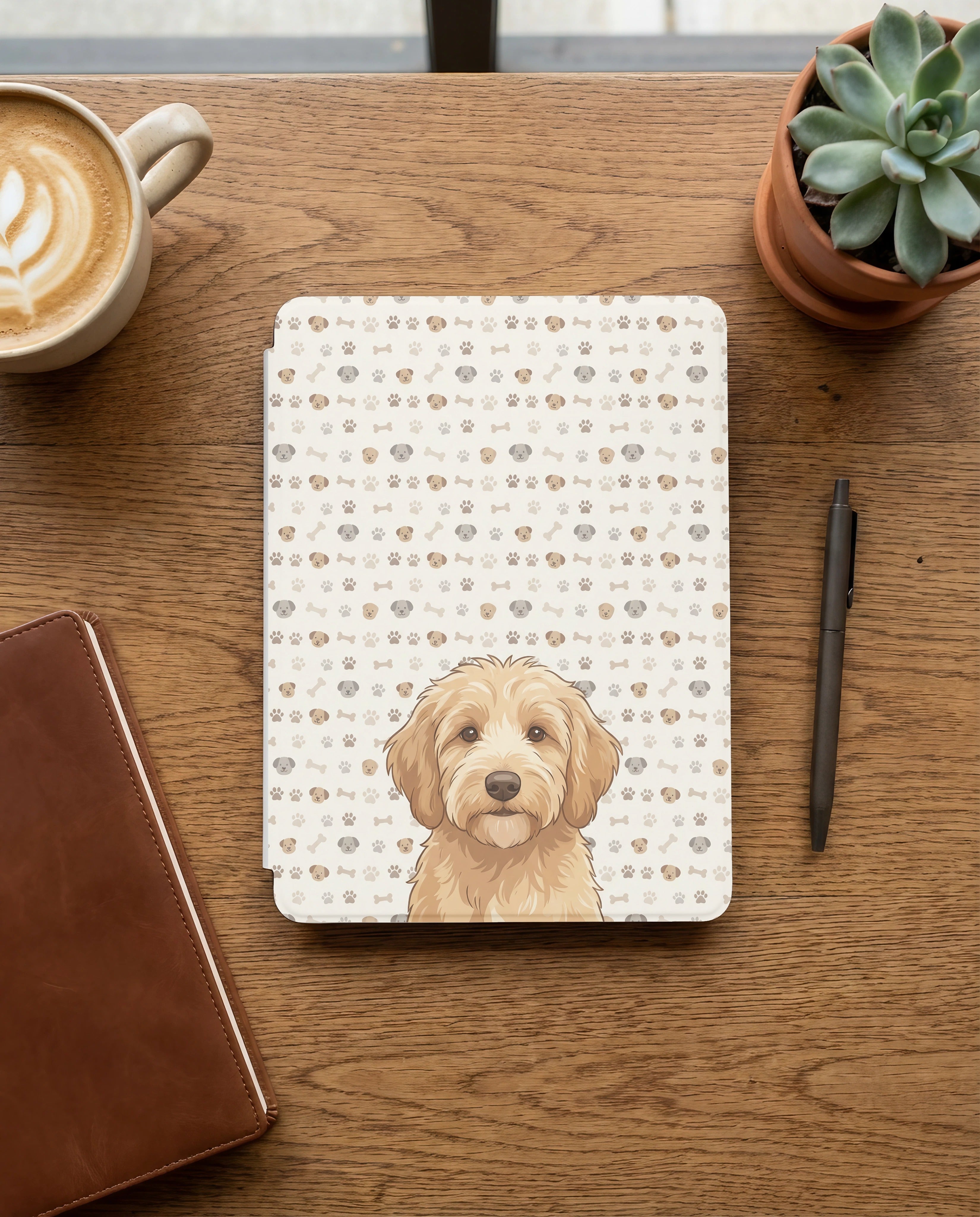 Custom Dog Portrait Kindle Case — Goldendoodle with Paw Print Pattern