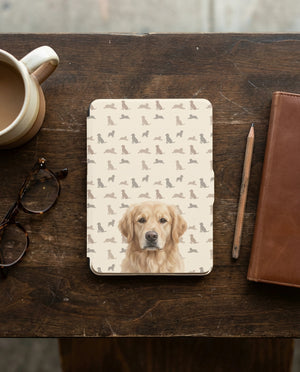Personalized Dog Portrait Kindle Case — Golden Retriever with Dog Silhouette Pattern