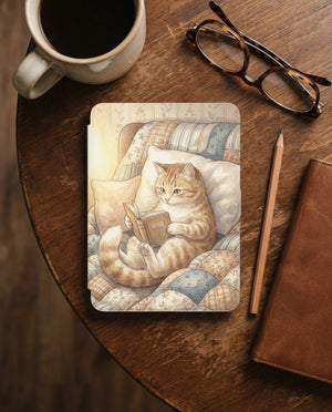 Tabby Cat Reading Kindle Paperwhite Case — Cozy Cat Lover Gift