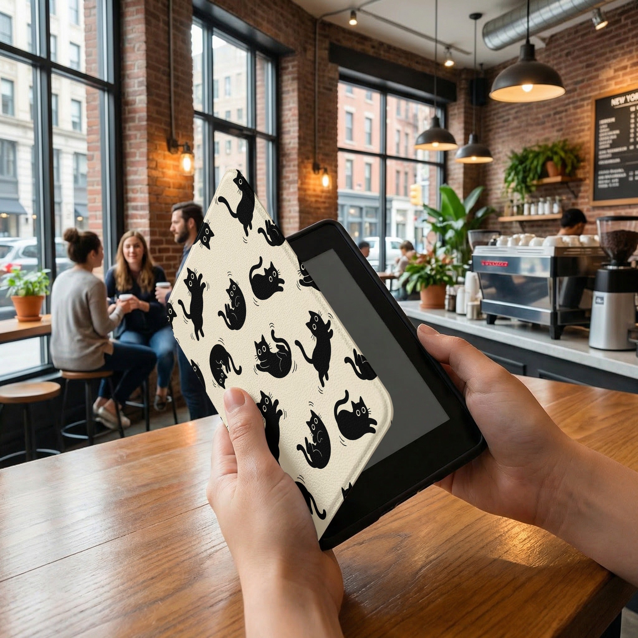 Black Cat Pattern Kindle Colorsoft Case — Minimalist Cream Cat Lover Gift